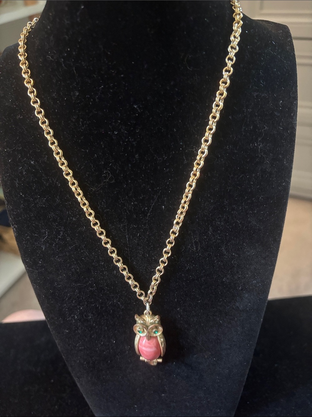 Gold Owl Pendant Necklace with Pink Stone